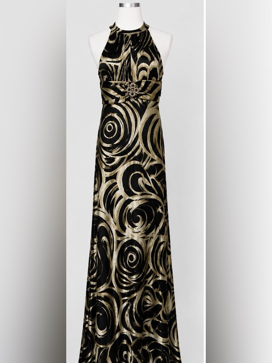 Cache Dresses & Skirts - Vintage Cache Y2K Prom Black and Gold Halter Maxi Dress with Swirl Motif Size 2